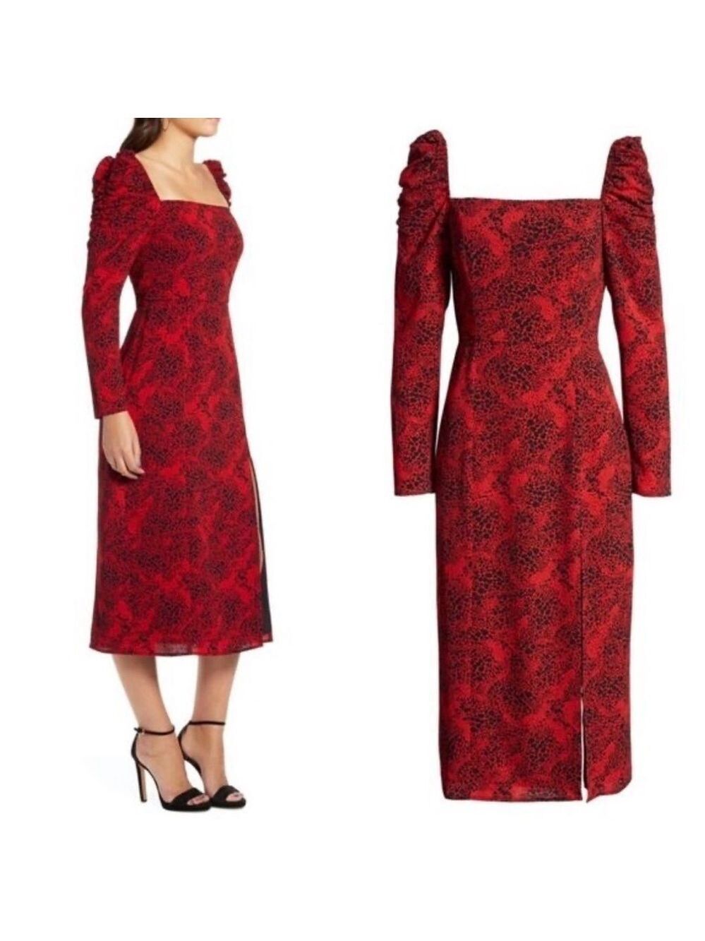 New Leith Spatter Print Square Neck Long Sleeve Midi Dress black red size small